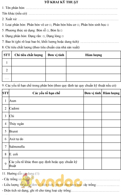 Mẫu tờ khai kỹ thuật phân bón