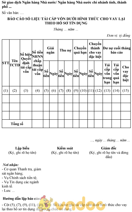 Mẫu báo cáo số liệu tái cấp vốn dưới hình thức cho vay lại theo hồ sơ tín dụng
