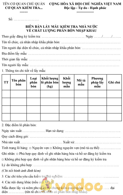 Mẫu biên bản lấy mẫu kiểm tra nhà nước về chất lượng phân bón nhập khẩu