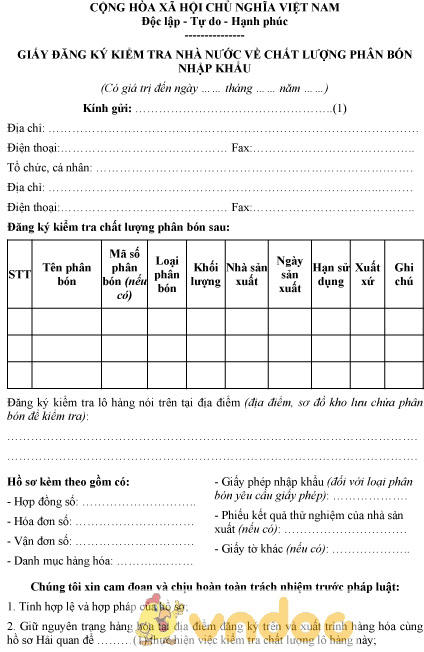 Mẫu giấy đăng ký kiểm tra nhà nước về chất lượng phân bón nhập khẩu