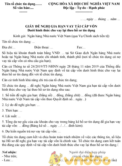 Mẫu giấy đề nghị gia hạn vay tái cấp vốn dưới hình thức cho vay lại theo hồ sơ tín dụng