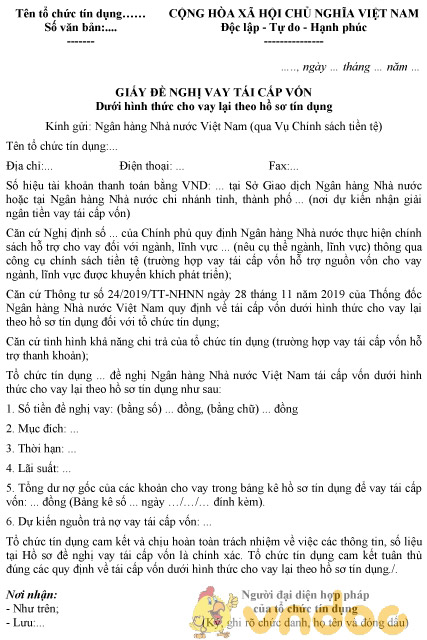 Mẫu giấy đề nghị vay tái cấp vốn dưới hình thức cho vay lại theo hồ sơ tín dụng