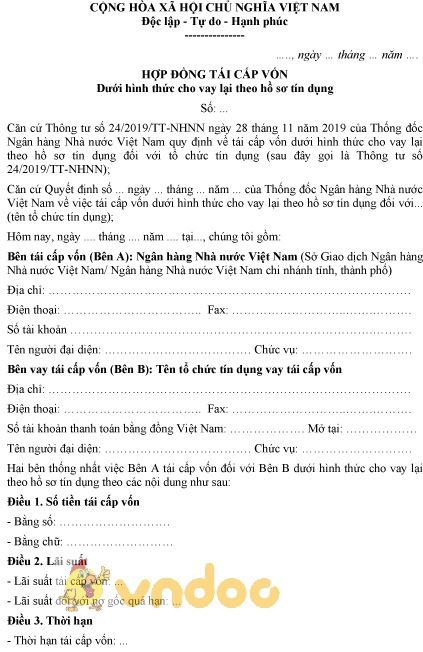 Mẫu hợp đồng tái cấp vốn dưới hình thức cho vay lại theo hồ sơ tín dụng