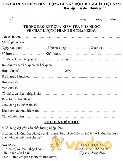 Mẫu thông báo kết quả kiểm tra nhà nước về chất lượng phân bón nhập khẩu