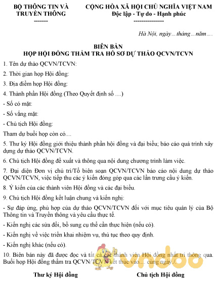 Mẫu biên bản họp hội đồng thẩm tra hồ sơ dự thảo QCVN/TCVN