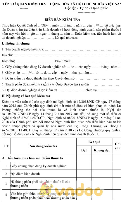 Mẫu biên bản kiểm tra điều kiện và hoạt động kinh doanh sản phẩm thuốc lá