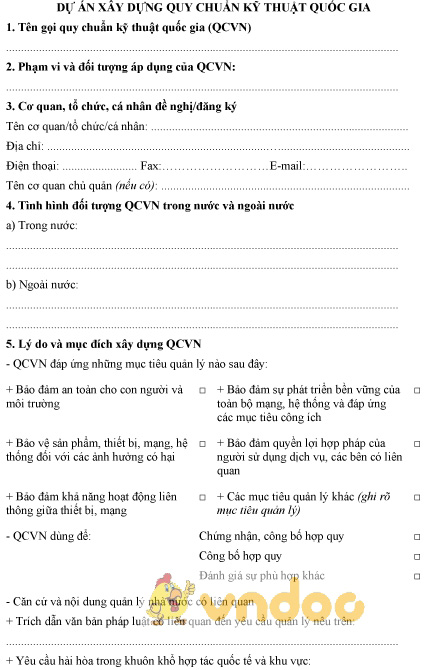 Mẫu dự án xây dựng quy chuẩn kỹ thuật quốc gia
