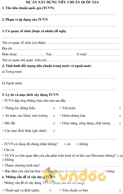 Mẫu dự án xây dựng tiêu chuẩn quốc gia