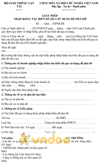 Mẫu giấy phép nhập khẩu tàu biển đã qua sử dụng để phá dỡ