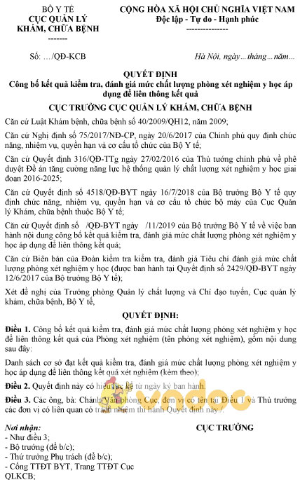 Mẫu quyết định công bố kết quả kiểm tra, đánh giá mức chất lượng phòng xét nghiệm y học