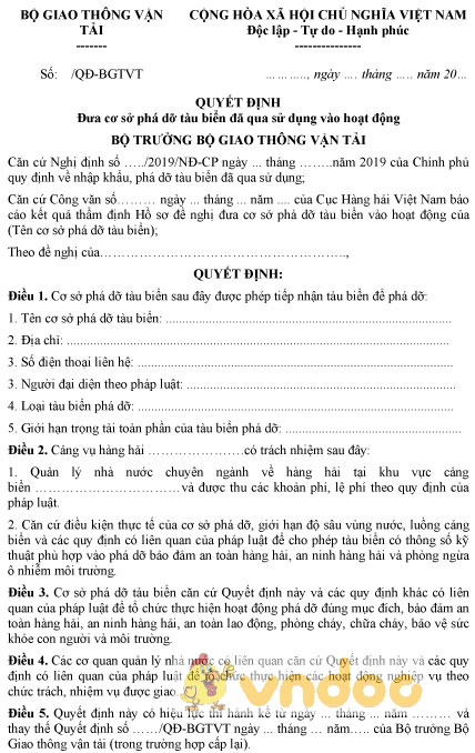 Mẫu quyết định đưa cơ sở phá dỡ tàu biển đã qua sử dụng vào hoạt động