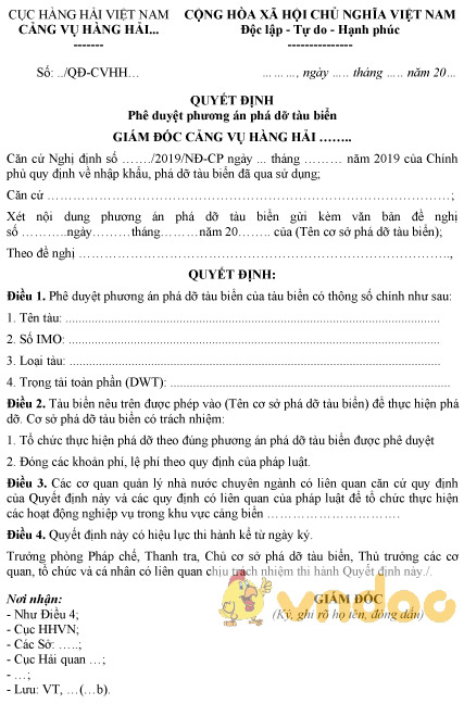 Mẫu quyết định phê duyệt phương án phá dỡ tàu biển