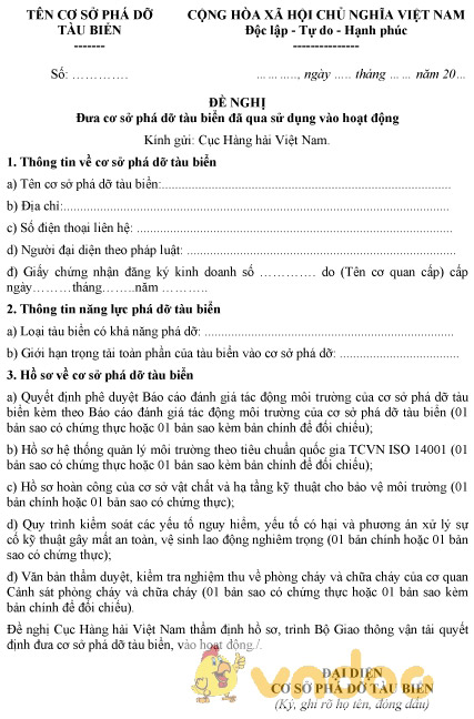 Mẫu văn bản đề nghị đưa cơ sở phá dỡ tàu biển đã qua sử dụng vào hoạt động