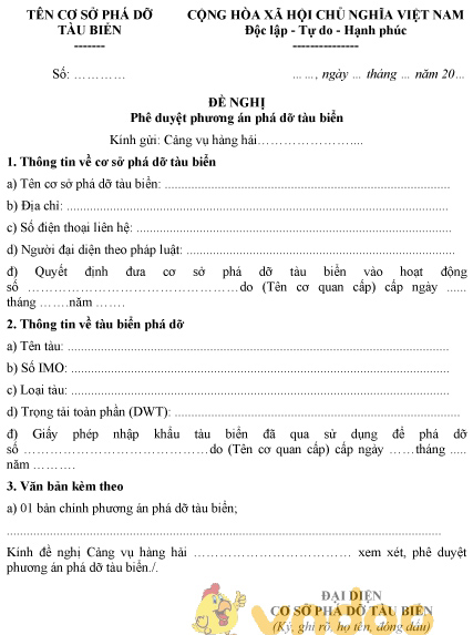 Mẫu văn bản đề nghị phê duyệt phương án phá dỡ tàu biển