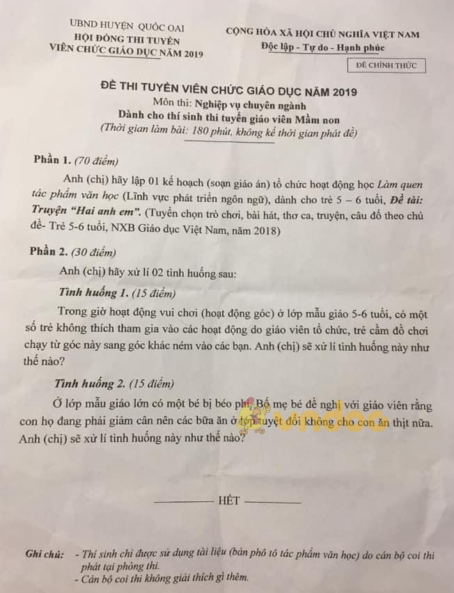 Đề thi giáo viên mầm non