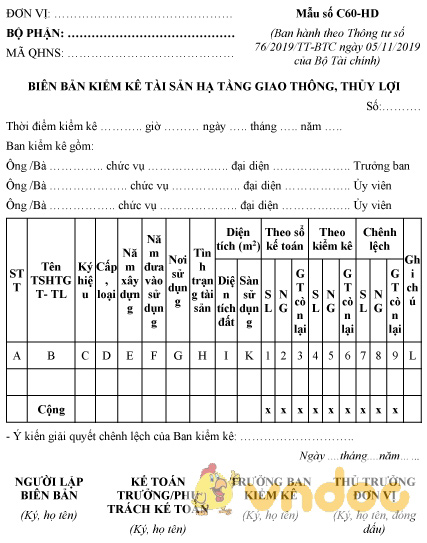 Mẫu biên bản kiểm kê tài sản hạ tầng giao thông, thủy lợi