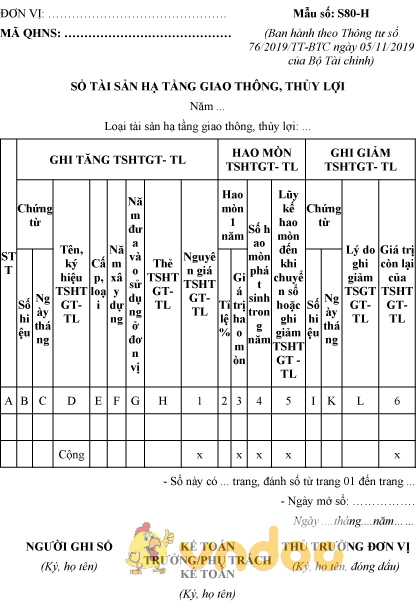 Mẫu sổ tài sản hạ tầng giao thông, thủy lợi