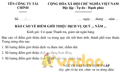 Mẫu báo cáo về điểm giới thiệu dịch vụ với cơ quan thanh tra, giám sát ngân hàng