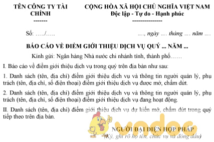 Mẫu báo cáo về điểm giới thiệu dịch vụ với Ngân hàng Nhà nước