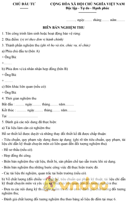 Mẫu biên bản nghiệm thu công trình lâm sinh