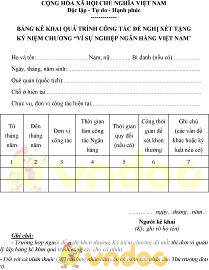 Mẫu bảng kê khai quá trình công tác của cá nhân đề nghị xét tặng kỷ niệm chương ngành Ngân hàng