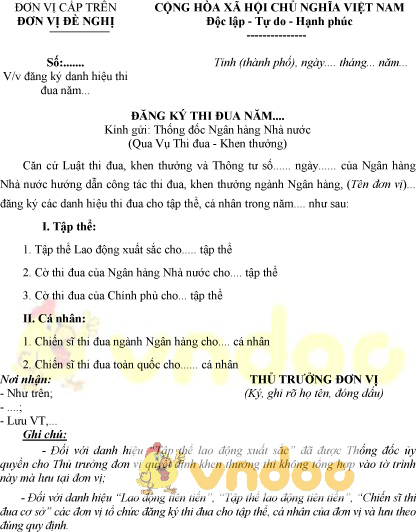 Mẫu đăng ký danh hiệu thi đua ngành Ngân hàng