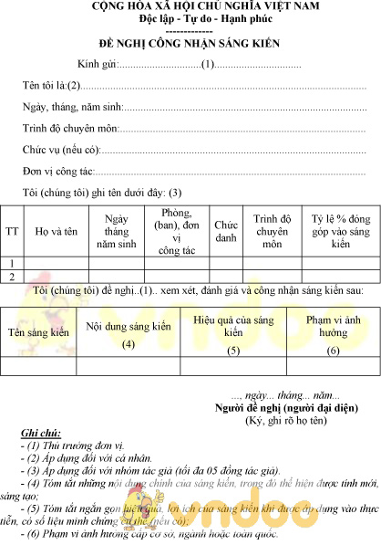 Mẫu đề nghị công nhận sáng kiến dành cho cá nhân