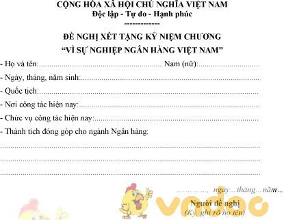 Mẫu đề nghị xét tặng Kỷ niệm chương cho cá nhân ngoài ngành Ngân hàng