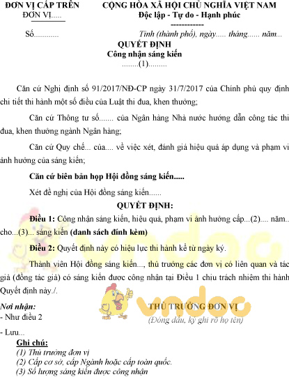 Mẫu quyết định công nhận sáng kiến