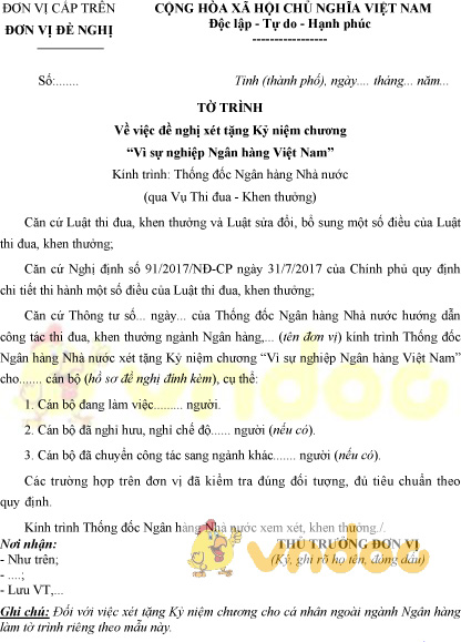 Mẫu tờ trình đề nghị tặng kỷ niệm chương vì sự nghiệp Ngân hàng