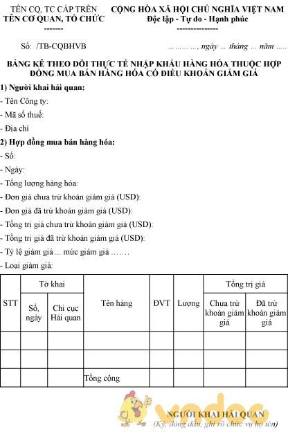 Mẫu bảng kê theo dõi thực tế nhập khẩu hàng hóa thuộc hợp đồng mua bán có điều khoản giảm giá