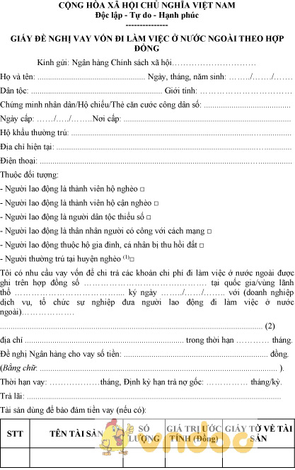 Mẫu giấy đề nghị vay vốn đi làm việc ở nước ngoài theo hợp đồng