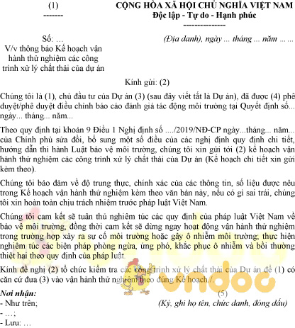 Mẫu thông báo kế hoạch vận hành thử nghiệm công trình xử lý chất thải của dự án