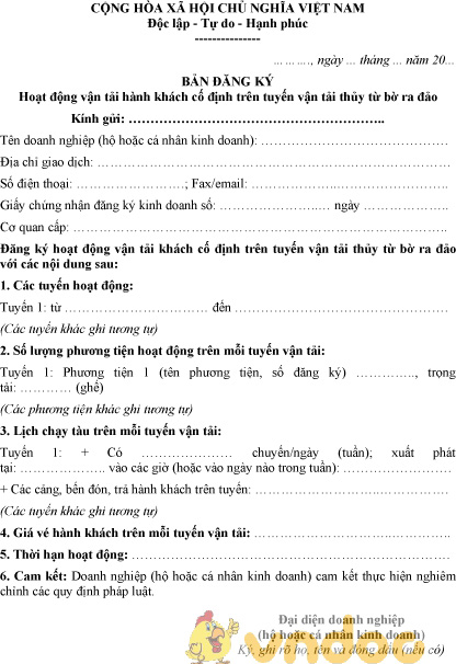 Mẫu bản đăng ký hoạt động vận tải hành khách cố định trên tuyến vận tải thủy từ bờ ra đảo
