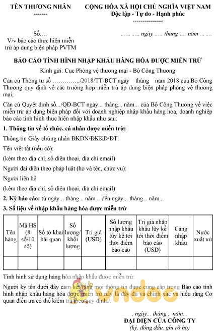 Mẫu báo cáo tình hình nhập khẩu hàng hóa được miễn trừ