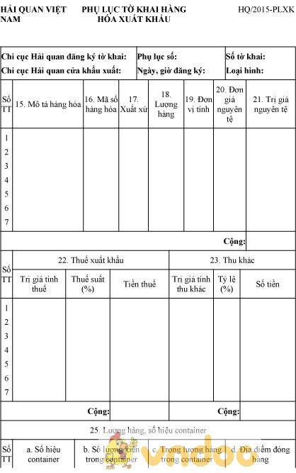 Mẫu phụ lục tờ khai hàng hóa xuất khẩu