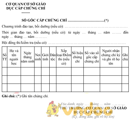 Mẫu sổ gốc cấp chứng chỉ