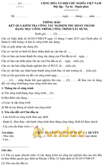 Mẫu thông báo kết quả kiểm tra của cơ quan chuyên môn về xây dựng đối với việc nghiệm thu
