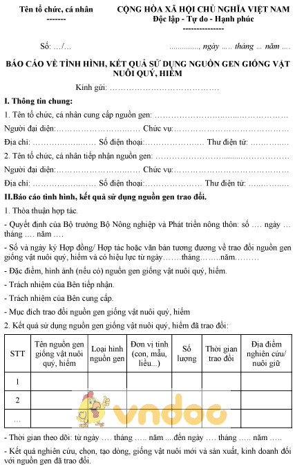 Mẫu báo cáo về tình hình kết quả sử dụng nguồn gen giống vật nuôi quý hiếm