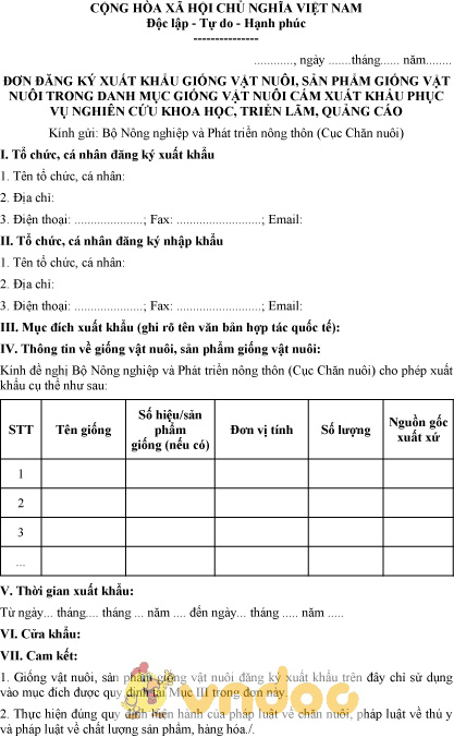 Mẫu đơn đăng ký xuất khẩu giống vật nuôi, sản phẩm giống vật nuôi