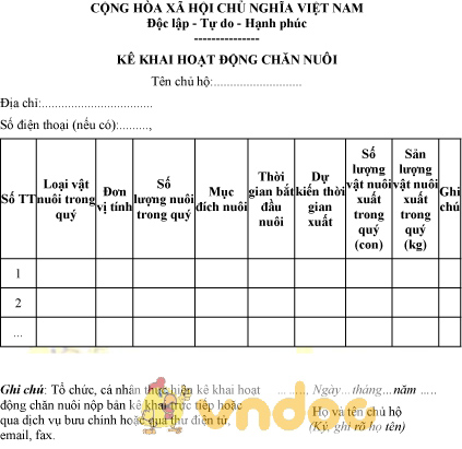 Mẫu kê khai hoạt động chăn nuôi