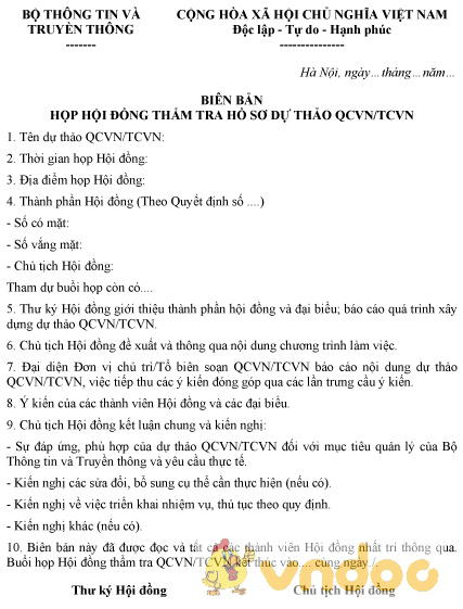 Mẫu biên bản họp hội đồng thẩm tra dự thảo quy chuẩn kỹ thuật quốc gia, tiêu chuẩn quốc gia