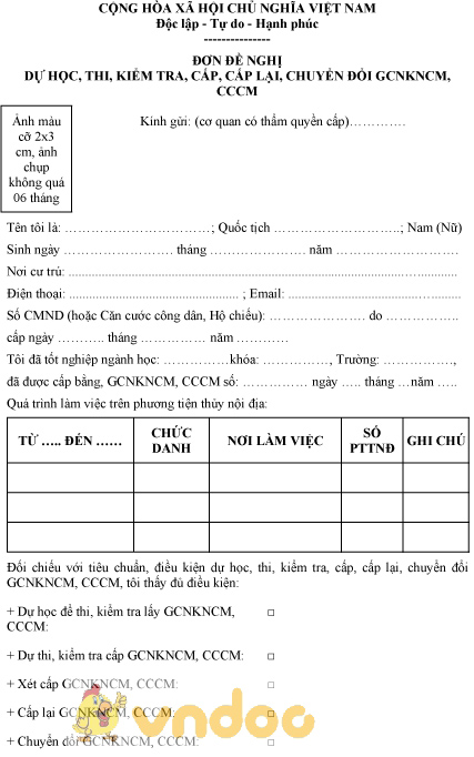 Mẫu đơn đề nghị dự học, thi, kiểm tra, cấp, cấp lại, chuyển đổi GCNKNCM, CCCM