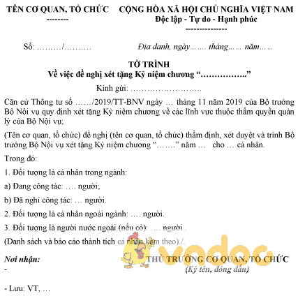 Mẫu tờ trình đề nghị xét tặng kỷ niệm chương của Bộ Nội vụ