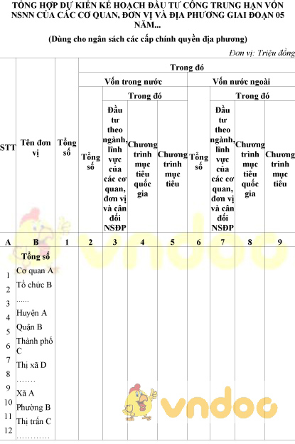 Mẫu tổng hợp dự kiến kế hoạch đầu tư công trung hạn vốn NSNN