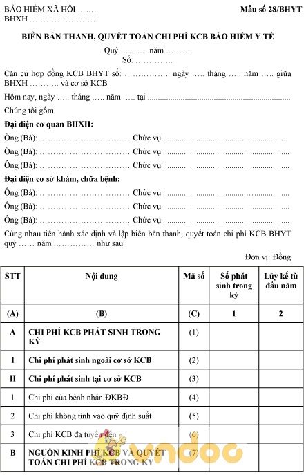 Mẫu biên bản thanh, quyết toán chi phí KCB bảo hiểm y tế