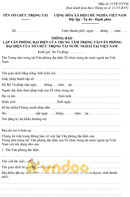 Mẫu số 13/TP-TTTM: Thông báo lập văn phòng đại diện của trung tâm trọng tài