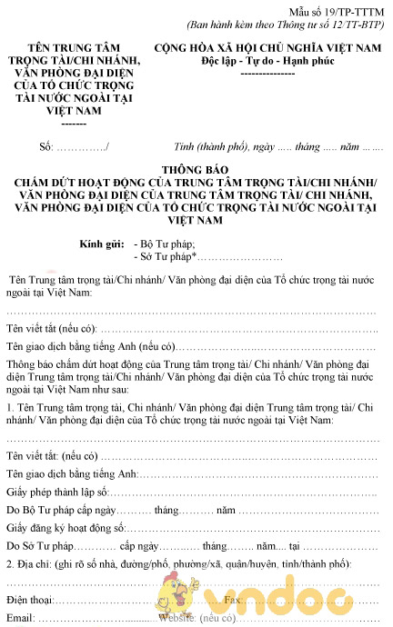 Mẫu số 19/TP-TTTM: Thông báo chấm dứt hoạt động của trung tâm trọng tài