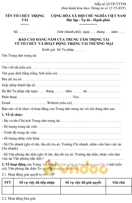 Mẫu số 20/TP-TTTM: Báo cáo hàng năm của trung tâm trọng tài về tổ chức, hoạt động trọng tài thương mại