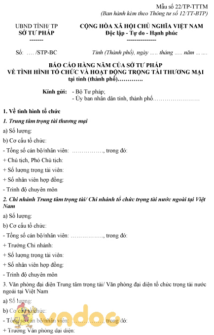 Mẫu số 22/TP-TTTM: Báo cáo hàng năm của Sở về tình hình tổ chức, hoạt động trọng tài thương mại
